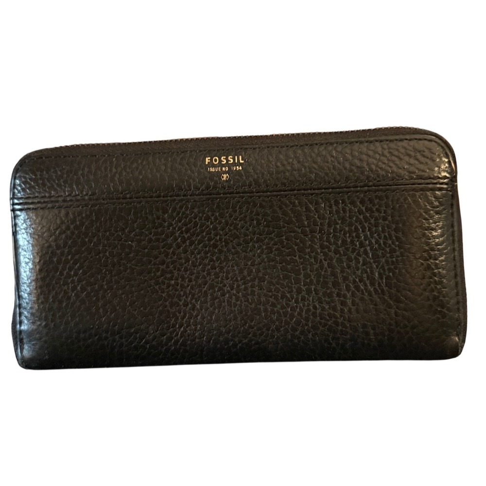 Fossil Tara Zip Around Wallet Womens Black Excellent Pebbled Clutch Leather 1954